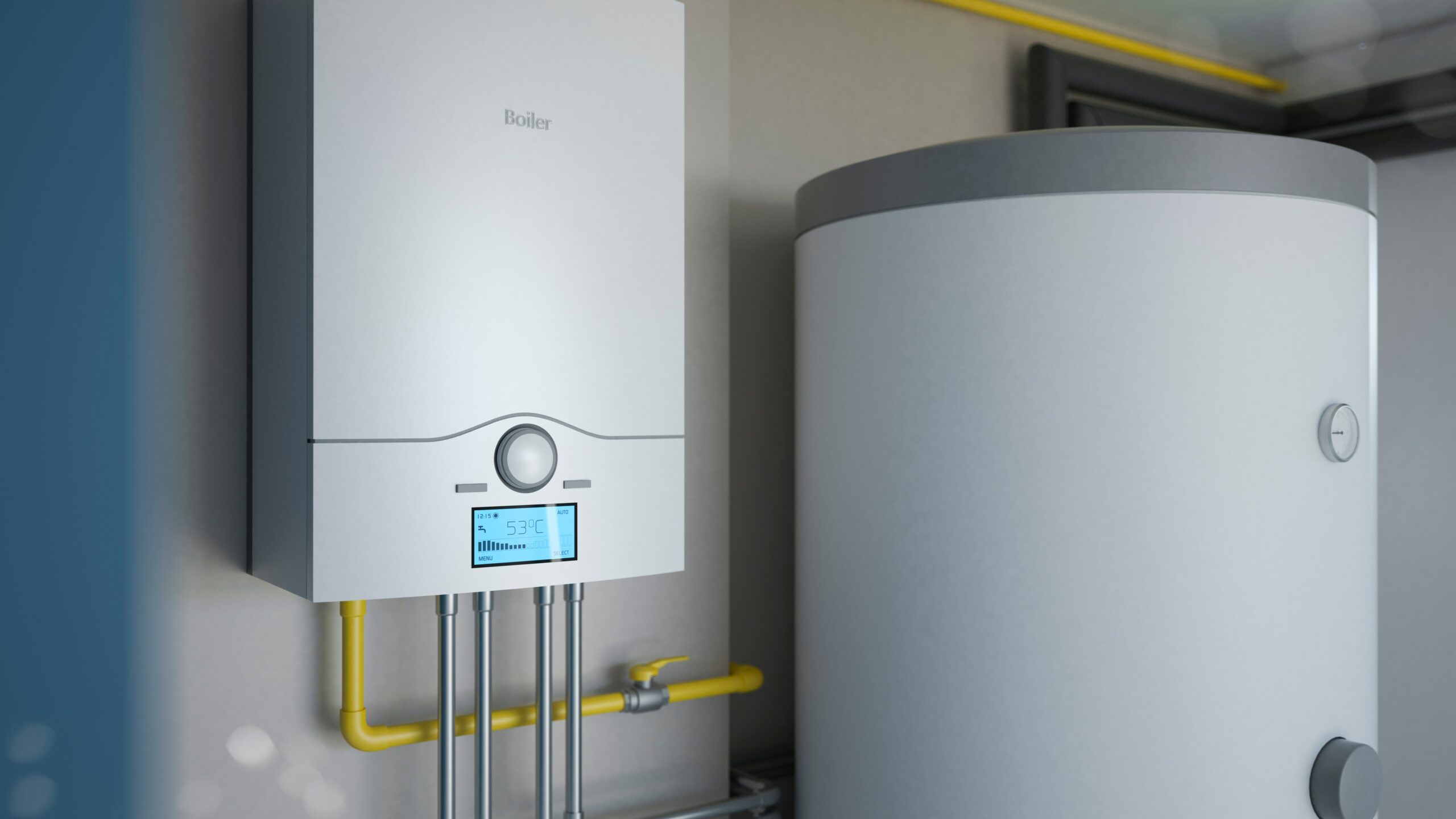 Een grijze mazoutketel met boiler in een grijze technische ruimte.