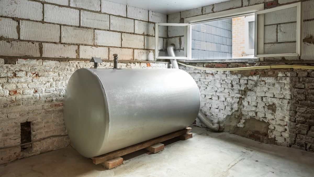 Een oude mazouttank in een kelder met geopend raam. De kelder heeft muren in baksteen en betonstenen.