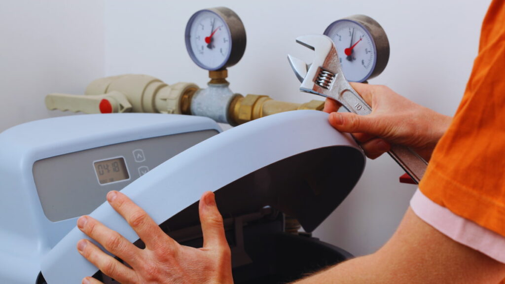 Technicus opent de behuizing van een elektronische waterontharder voor installatie of onderhoud.