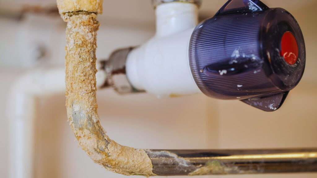 Kalkaanslag op een waterleiding als gevolg van hard water zonder goede regeneratie of waterontharder.