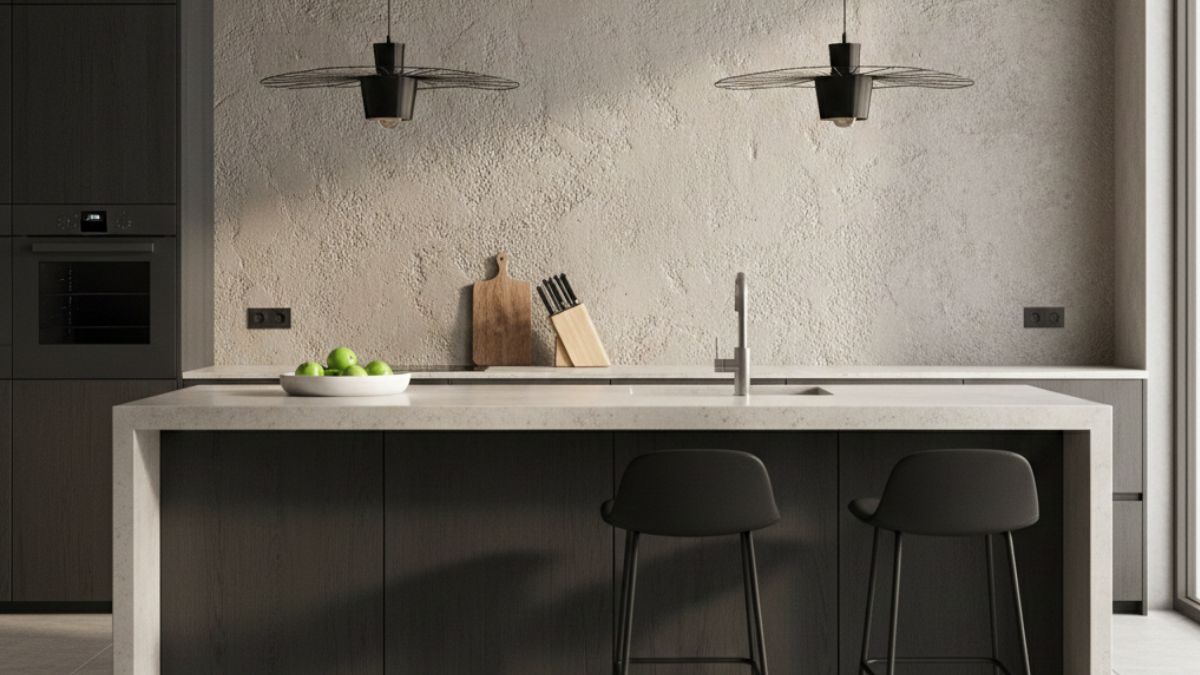 Moderne keuken met crepi binnenmuur in lichtgrijze tint, donker kookeiland met witte werkbladen en designverlichting