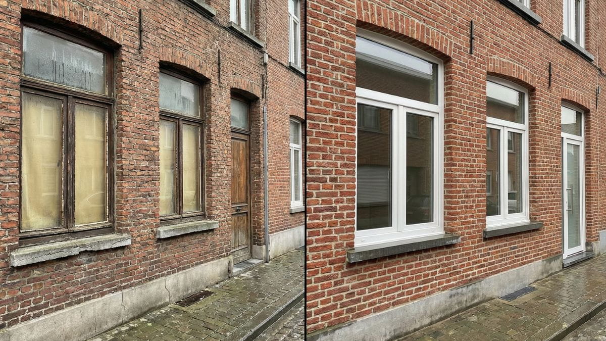 Voor en na raamrenovatie bij Belgische rijwoning: oude houten ramen vervangen door nieuwe witte pvc ramen