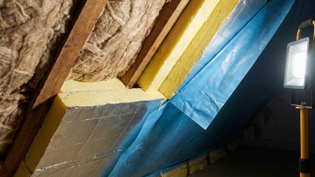 Renovatiekosten berekenen voor isolatie: dakisolatie met minerale wol tussen houten spanten, gele glaswol, blauw dampscherm en reflecterende folie in zolderruimte