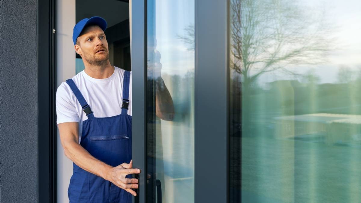 Een ramenzetter in wit t-shirt, blauwe overall en blauwe pet controleert een groot schuifraam met zwarte aluminium kozijnen. Hij heeft een rossig baardje. Achter het raam hangt een linnen gordijn.