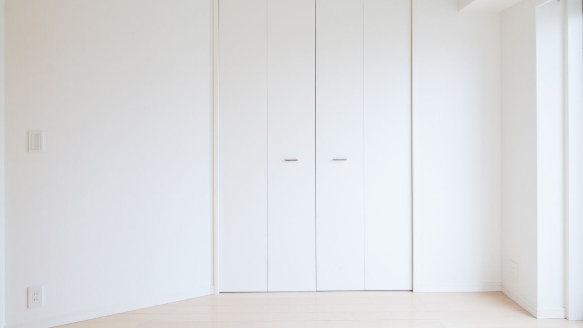Een kamer met witte muren en een zeer lichte vloer. Achteraan, in de muur, zit een dubbele witte tubespaan deur met subtiele deurgrepen.