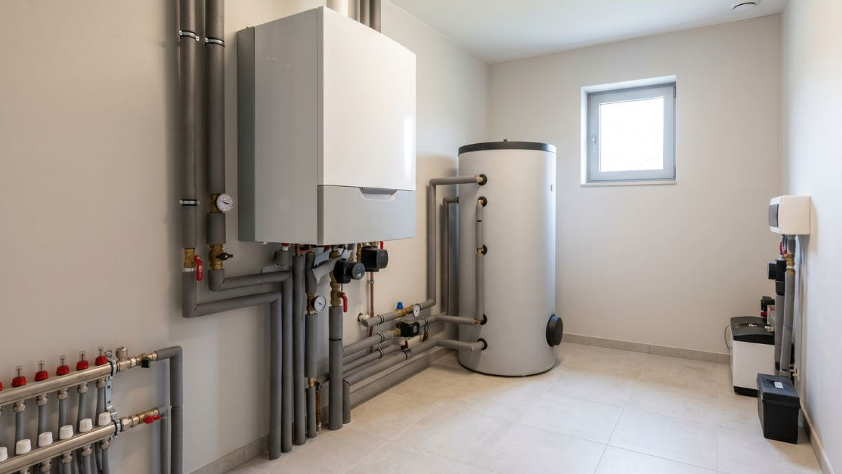 Aansluiting water-water warmtepomp binnenshuis voor warm sanitair water en verwarming