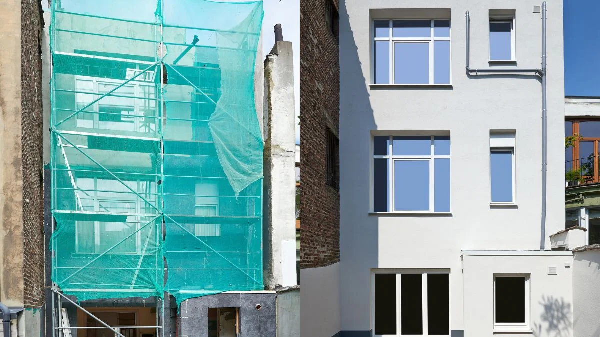 Voor- en nafoto van een gevelrenovatie. Links de gevel met steiger en afschermdoeken. Rechts een opgeknapte gevel met witte crepi, nieuwe dakgoot en grote ramen.