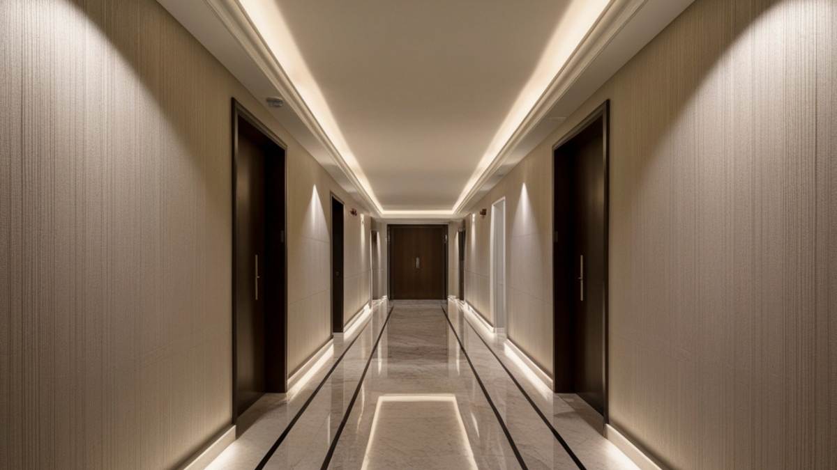 Een hal met een marmeren vloer met zwarte lijnen, wanden met licht gestreept behangpapier, en lampen die deels weggewerkt zijn in het plafond. In de hal liggen 7 deuren: 3 aan weerszijden, en 1 achteraan de hal. De 6 deuren langs de linker- en rechterkant van de hal hebben spiegelende draairichtingen. De deuren aan de linkerzijde hebben een klink aan de rechterzijde van de deur. De deuren aan de rechterzijde hebben een klink aan de linkerzijde van het deurblad.
