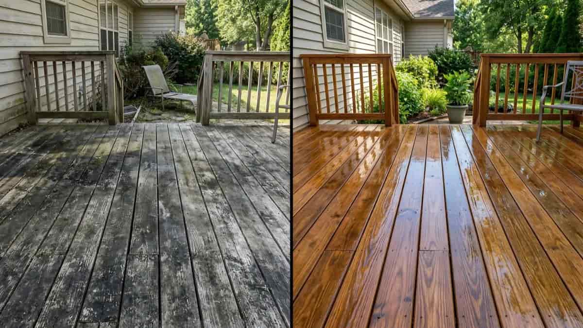 Voor- en nafoto van een terrasrenovatie. Rechts het oude terras met verweerd hout. Links het terras met glanzend vernist hout.