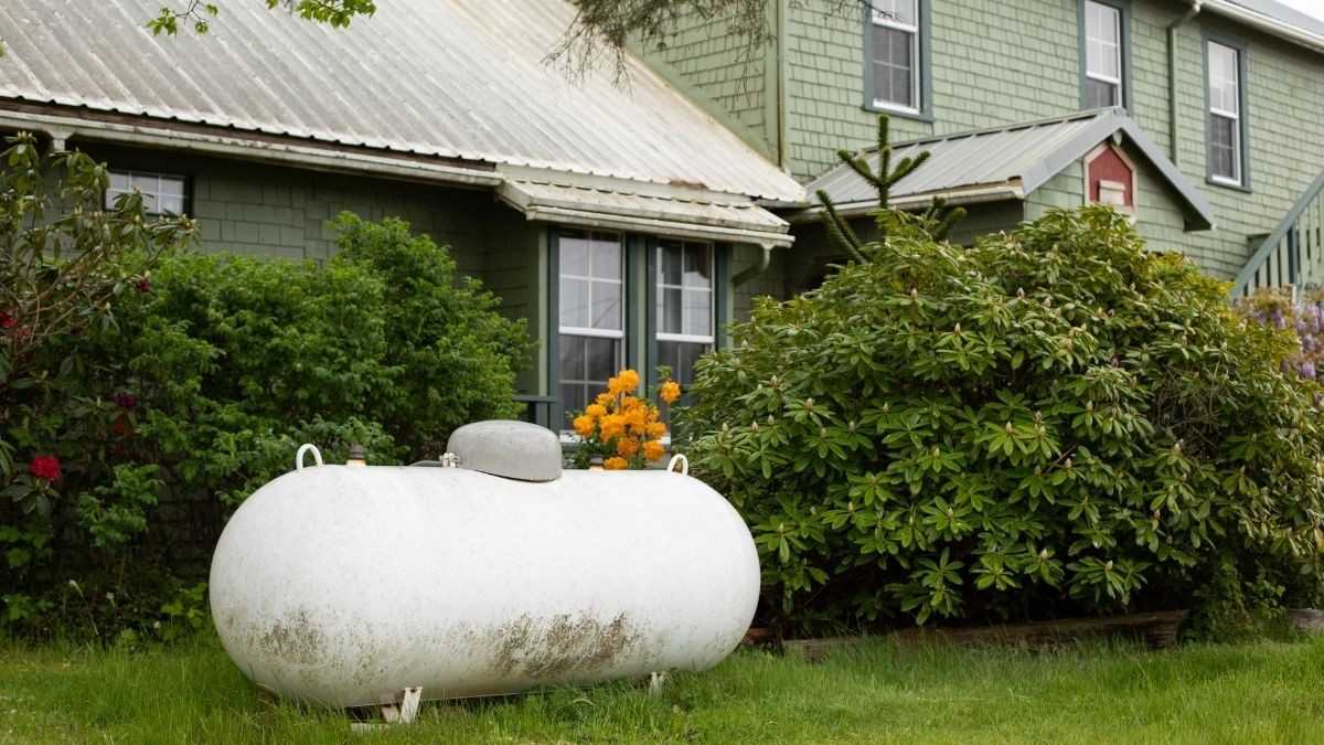 Witte bovengrondse propaantank geplaatst in een groene tuin naast een woning, populaire optie bij gastank plaatsen