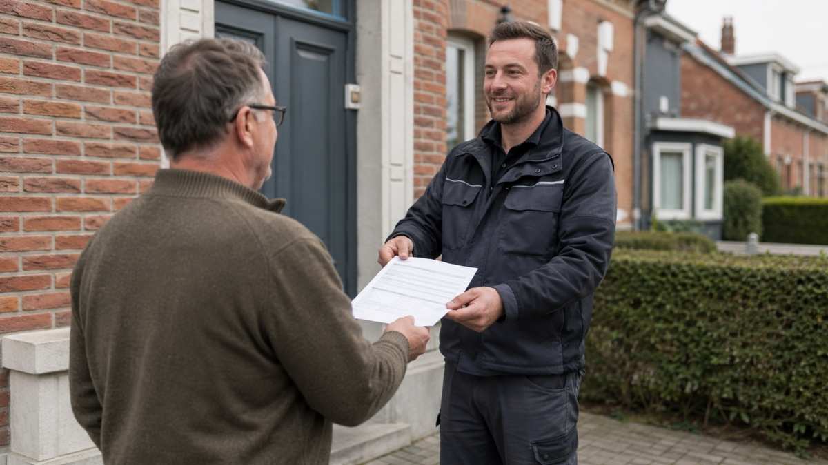 Een stookolietechnicus overhandigt een attest van correcte buitengebruikstelling aan de eigenaar van een woning met mazouttank.
